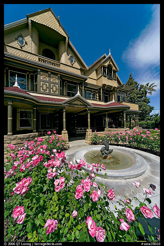 Roses and facade. Winchester Mystery House, San Jose, California, USA