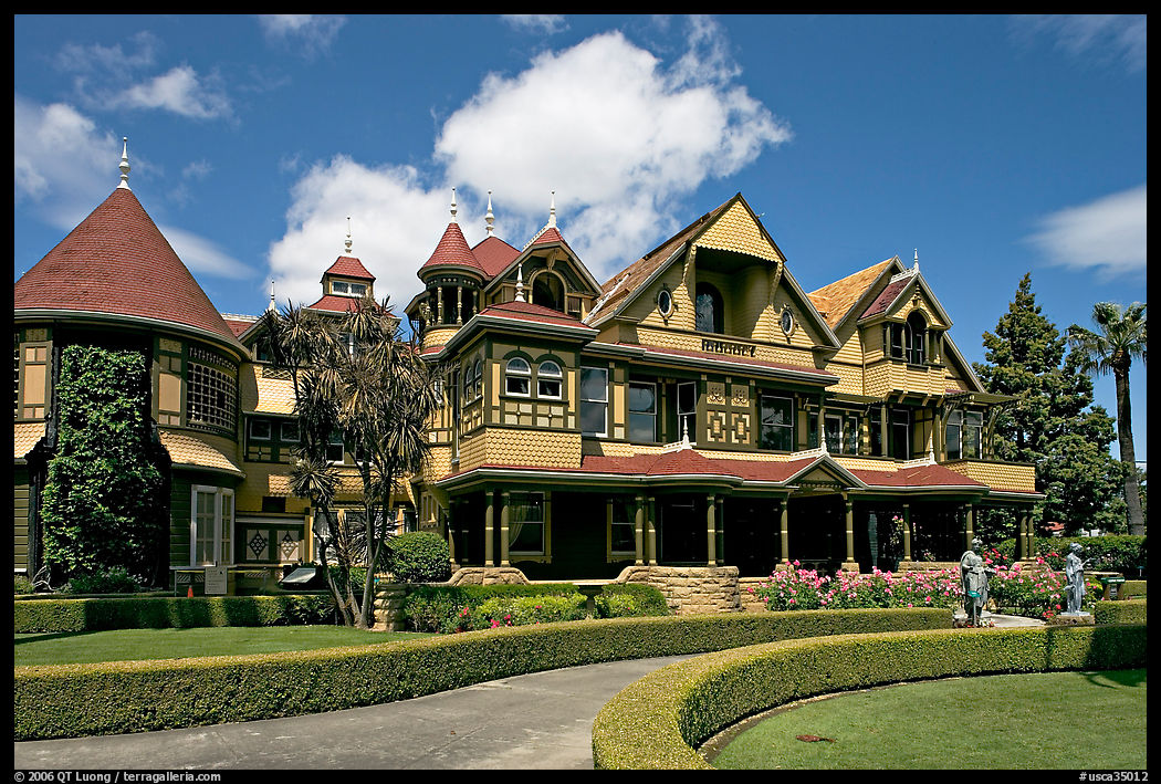 Gardens and facade, morning. Winchester Mystery House, San Jose, California, USA