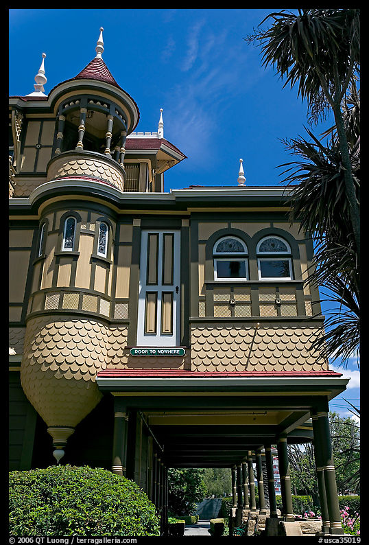 Door to nowhere, opening to a one-story drop. Winchester Mystery House, San Jose, California, USA