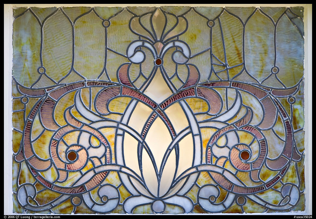 Decorated glass window. Winchester Mystery House, San Jose, California, USA