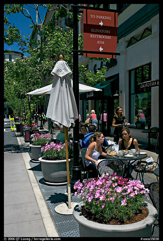 Outdoor restaurant tables, Santana Row. San Jose, California, USA