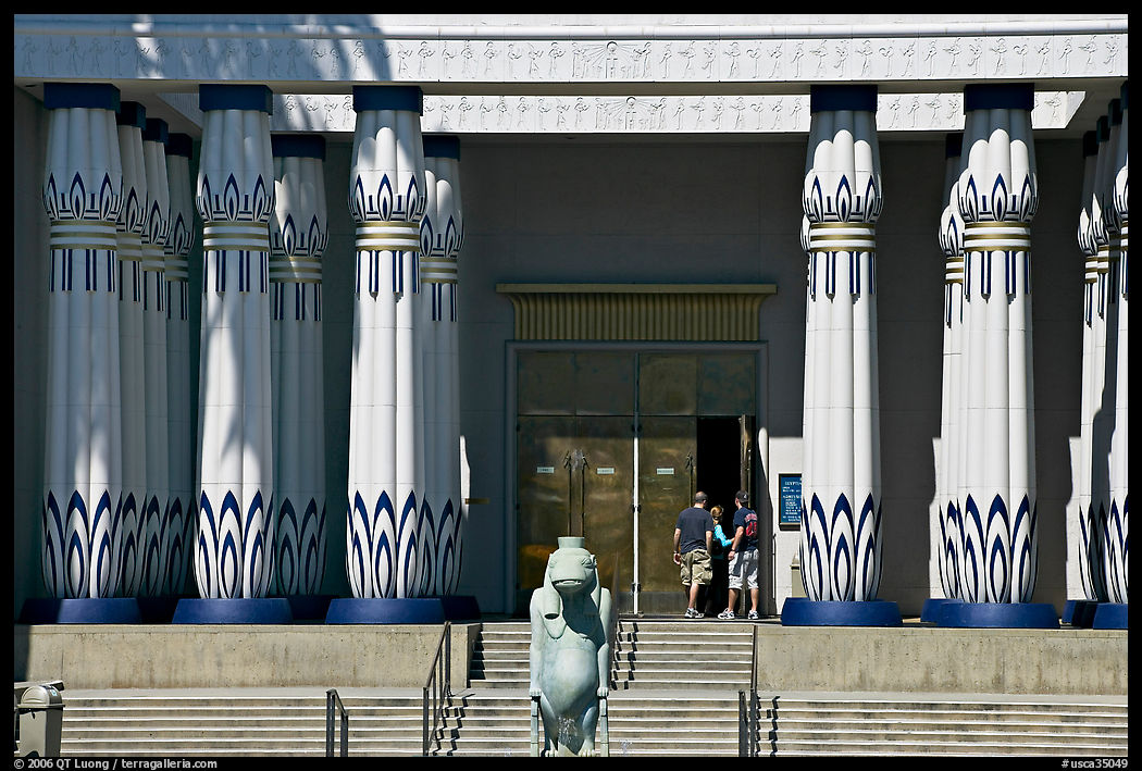 Facade of the  Rosicrucian  Egyptian Museum  with visitors entering. San Jose, California, USA