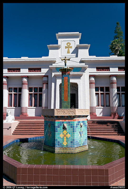 Fountain and temple, Rosicrucian Park. San Jose, California, USA