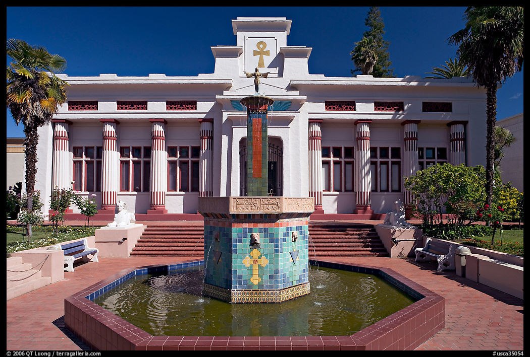 Fountain and temple, Rosicrucian Park. San Jose, California, USA