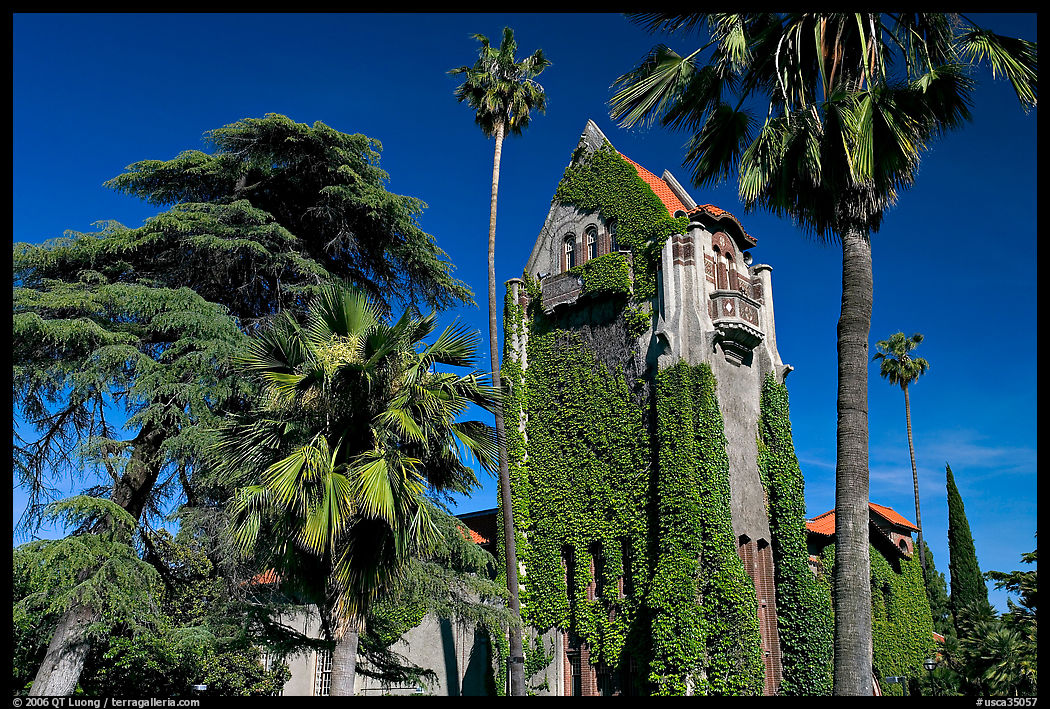 Tower Hall and trees, San Jose State University. San Jose, California, USA