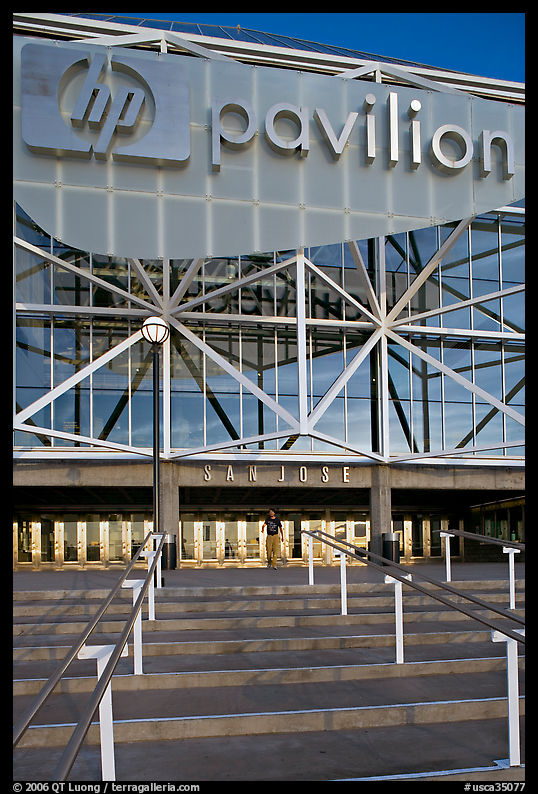 Facade of the HP Pavilion with person walking out. San Jose, California, USA