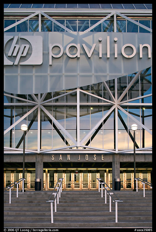 Facade of HP pavilion with San Jose sign, sunset. San Jose, California, USA