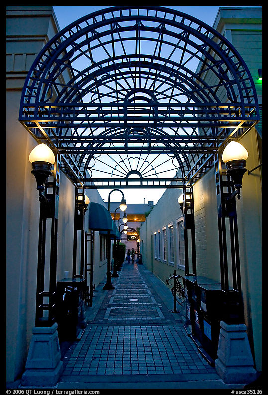 Alley and gate leading to Castro Street, Mountain View. SF Bay area, California, USA