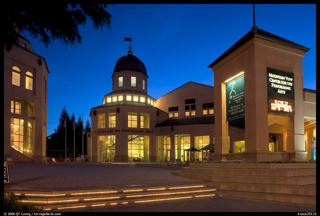 Center for Performing Arts at dusk, Castro Street, Mountain View. SF Bay area, California, USA