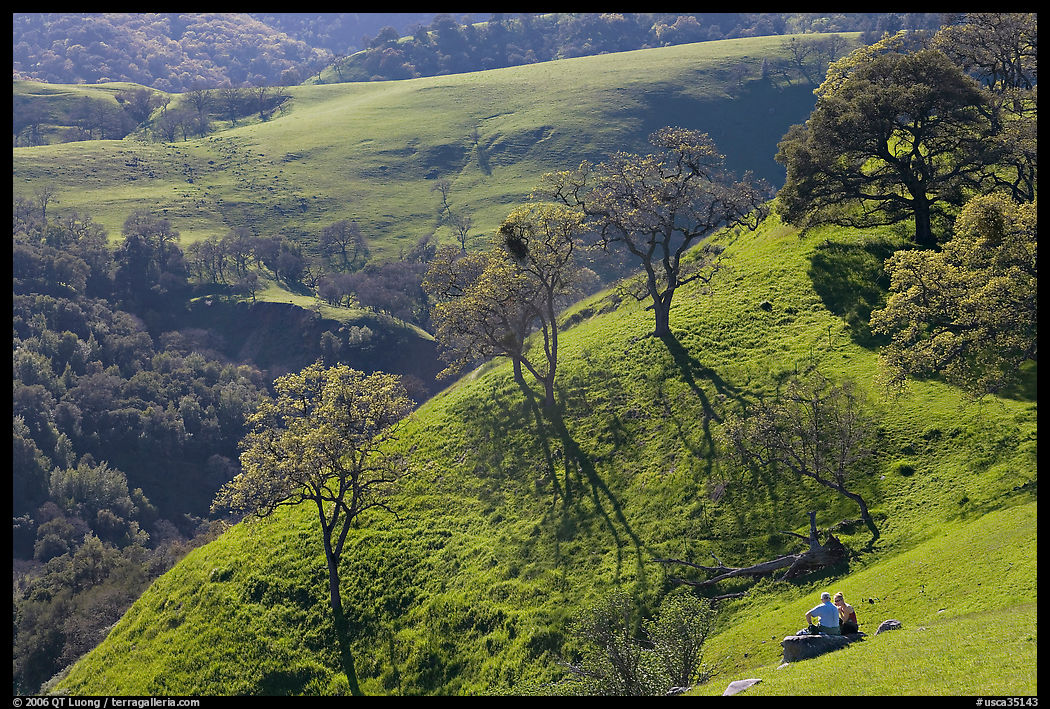 Couple sitting on hillside in early spring, Sunol Regional Park. SF Bay area, California, USA