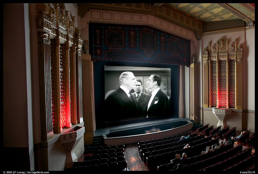Classic black and white movie showing in Stanford Theatre. Palo Alto, SF Bay area, California, USA
