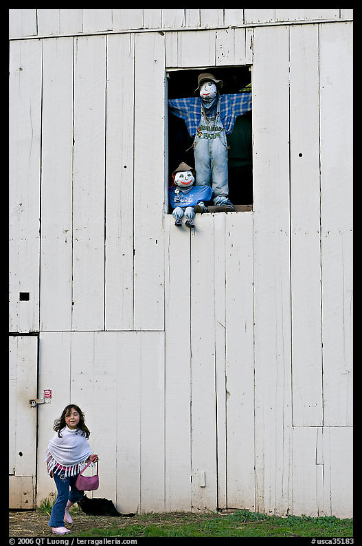 Girl and figures in barn window, Happy Hollow Farm, Rancho San Antonio Park, Los Altos. SF Bay area, California, USA