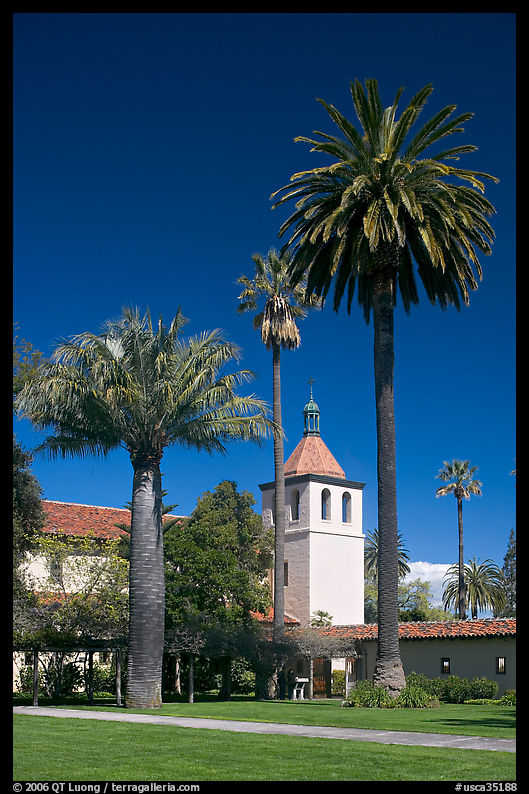 Palm trees and mission, Santa Clara University, Santa Clara. SF Bay area, California, USA
