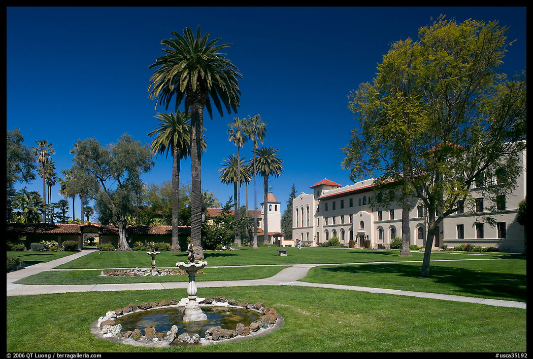 Fountain and gardens near mission, Santa Clara University, Santa Clara. SF Bay area, California, USA