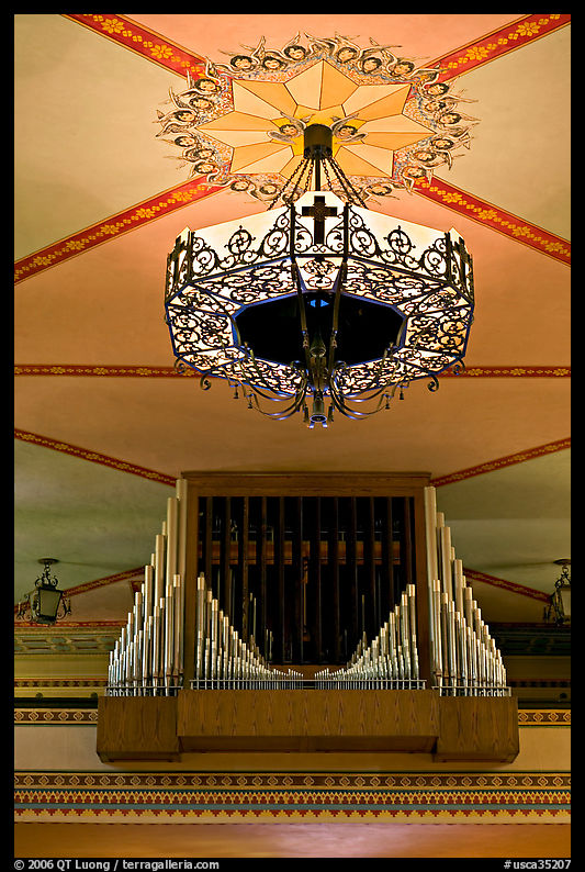 Organ and lamp, Mission Santa Clara de Asis, Santa Clara. SF Bay area, California, USA