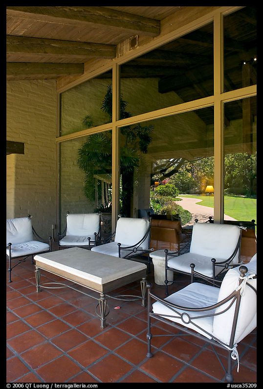 Chairs and coffee table on porch, Sunset Gardens. Menlo Park, SF Bay area, California, USA