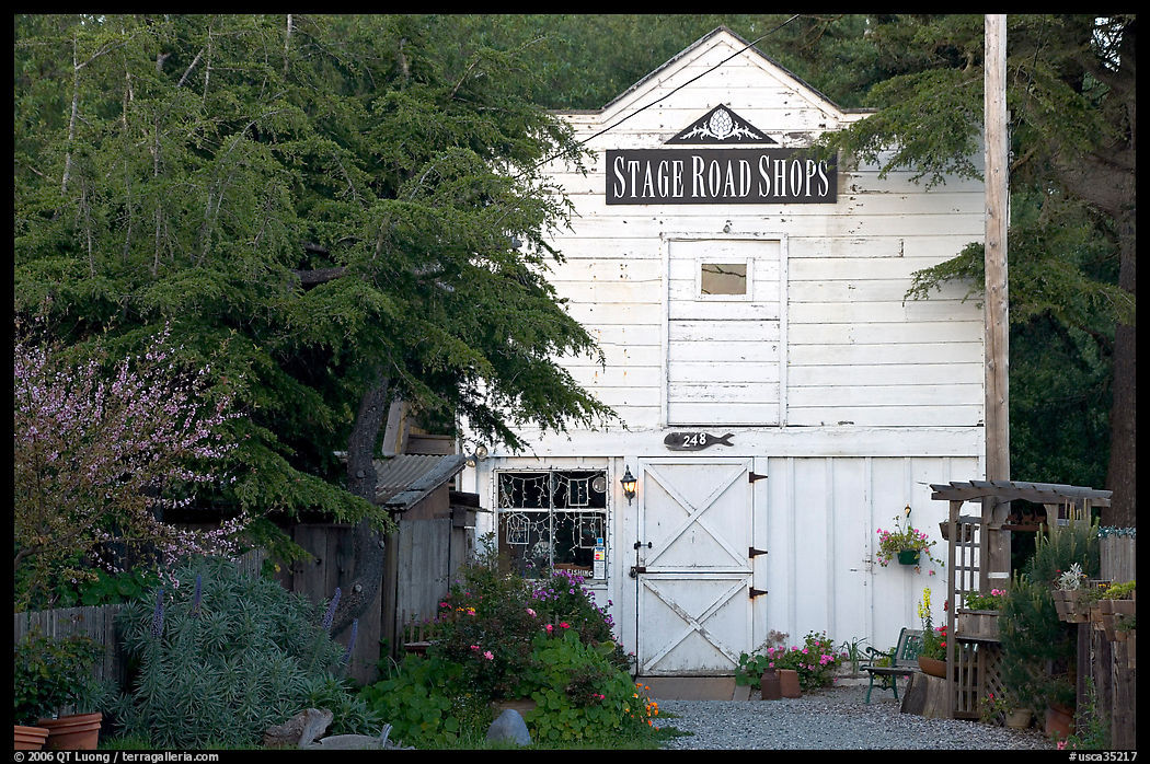 White-facaded store tucked in trees, Pescadero. San Mateo County, California, USA