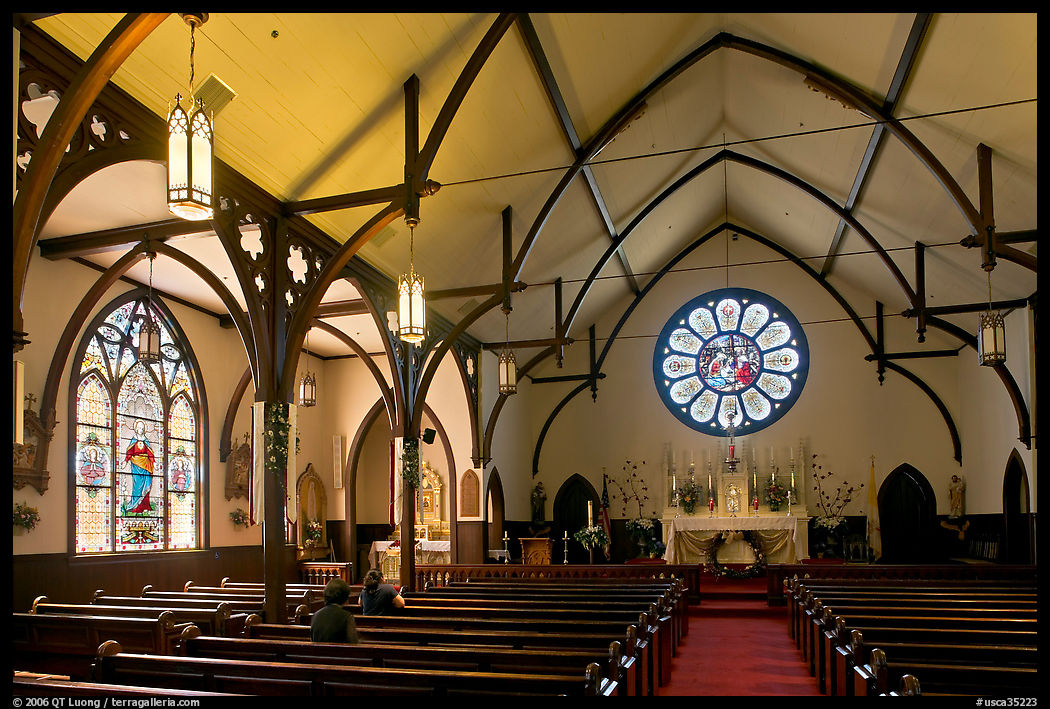 Nativity Church Interior and stained glass. Menlo Park, SF Bay area, California, USA