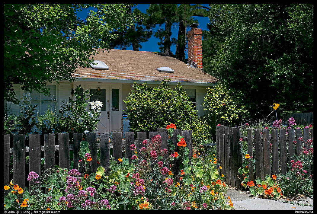 House with flowers in front yard. Menlo Park, SF Bay area, California, USA