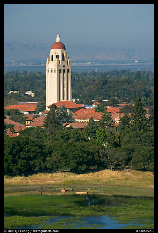 Hoover Tower, Campus, and Lake Lagunata, afternoon. Stanford University, SF Bay area, California, USA