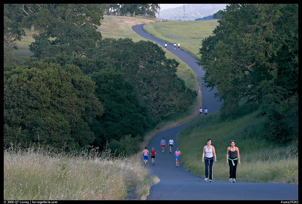 Women walking on trail, Stanford academic preserve. Stanford University, SF Bay area, California, USA