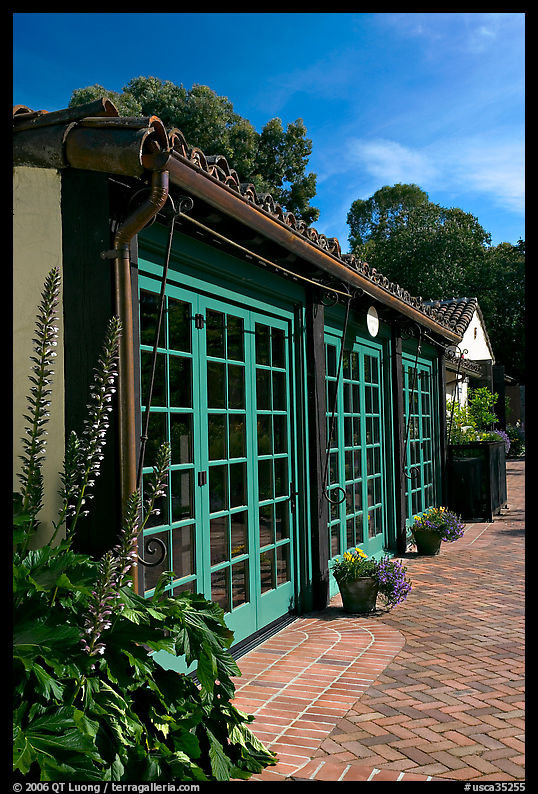 European-style glass doors and brick pavement, Allied Arts Guild. Menlo Park, SF Bay area, California, USA