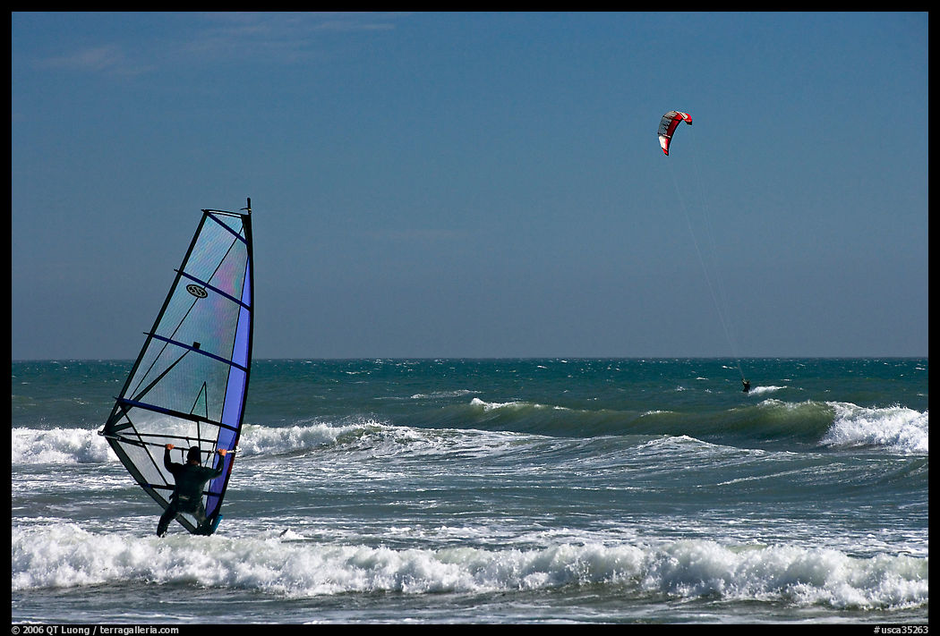 Windsurfer and kitesurfer, Waddell Creek Beach. SF Bay area, California, USA