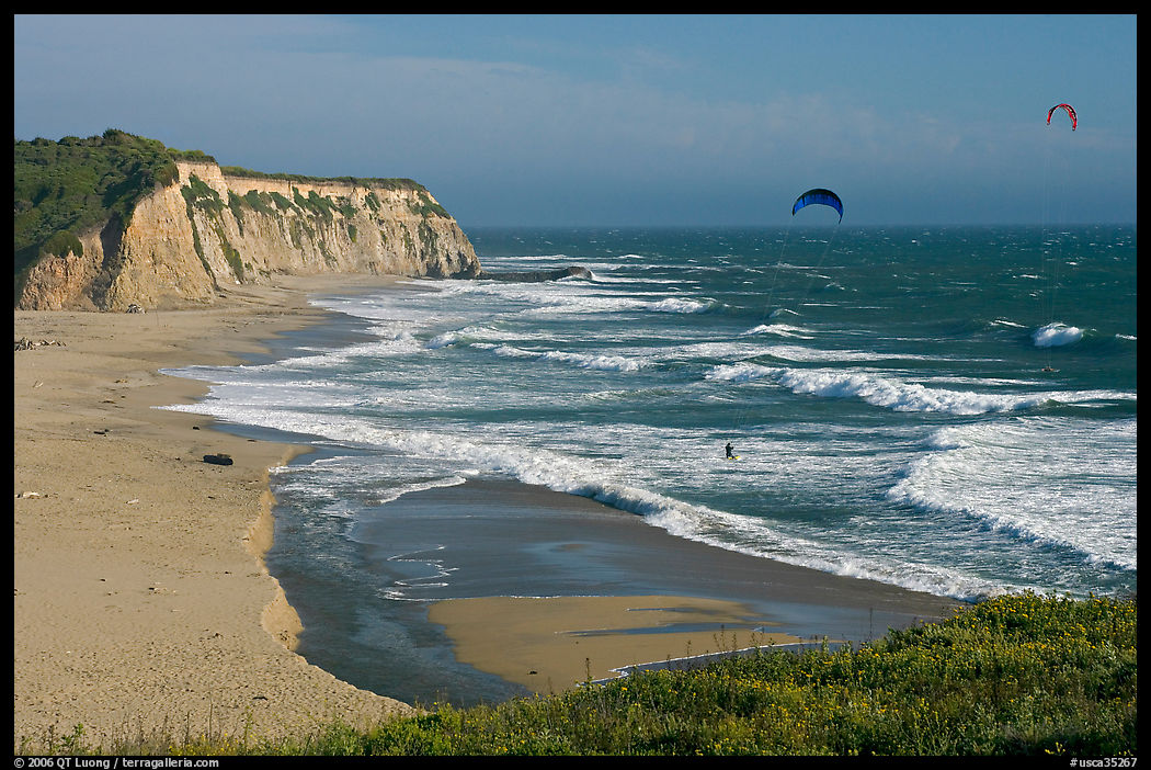 Beach and kite surfers from above, Scott Creek Beach. SF Bay area, California, USA