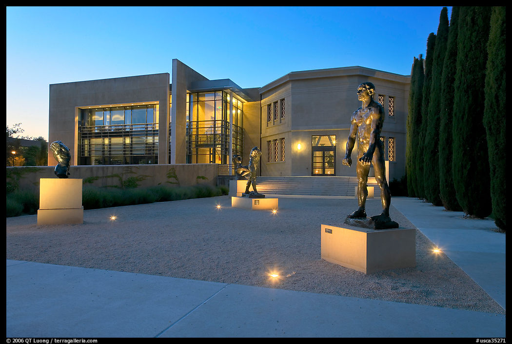 Rodin sculpture garden and Cantor Art Center, dusk. Stanford University, SF Bay area, California, USA