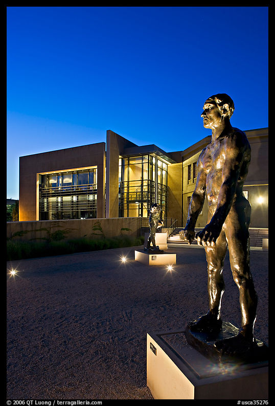 Rodin sculpture and Cantor Museum at night. Stanford University, SF Bay area, California, USA