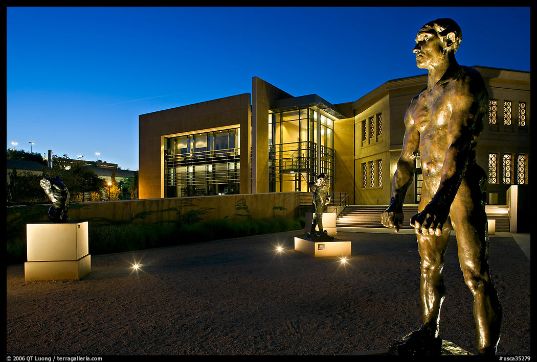 Rodin sculptures and Cantor Art Museum at night. Stanford University, SF Bay area, California, USA