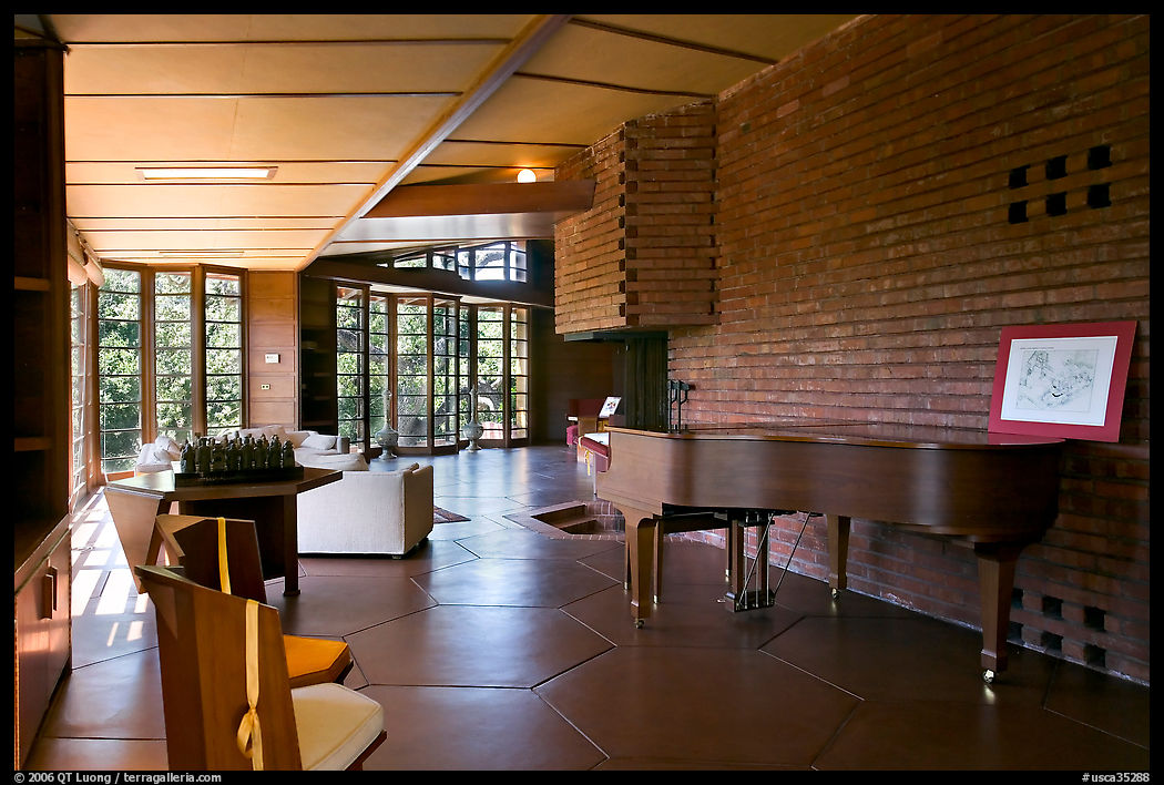 Living room and piano, Hanna House. Stanford University, SF Bay area, California, USA