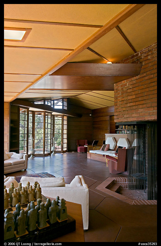Living room and fireplace, Hanna House. Stanford University, SF Bay area, California, USA