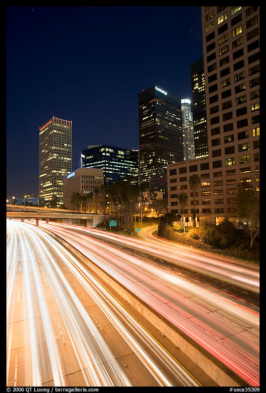 Harbor Freeway and skyline at nightfall. Los Angeles, California, USA