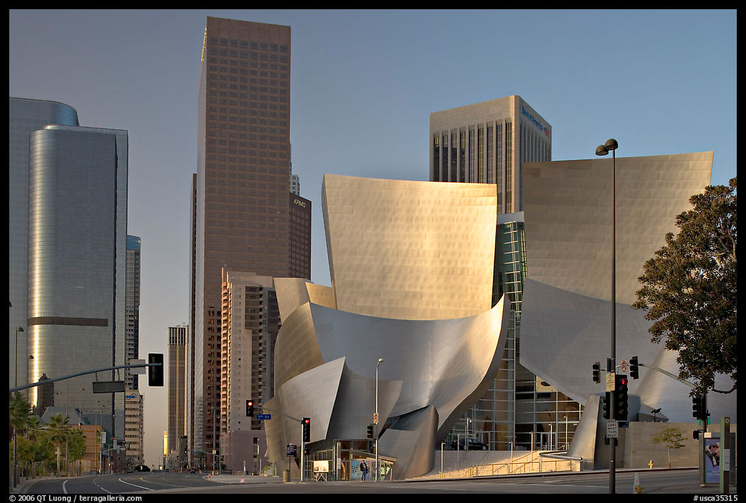 Walt Disney Concert Hall and high rise towers. Los Angeles, California, USA