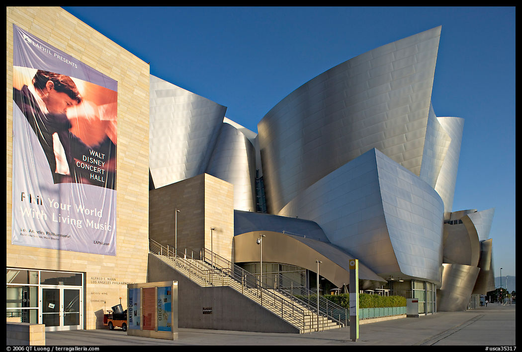 LA Philarmonic sign and concert hall, early morning. Los Angeles, California, USA
