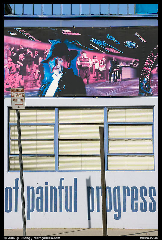 Mural with words painful progress and no stopping sign. Los Angeles, California, USA