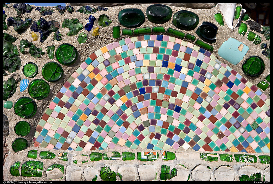 Close up showing green 7-up bottles used in the Watt Towers. Watts, Los Angeles, California, USA