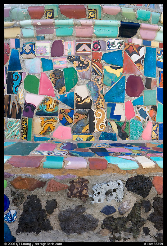 Close-up showing found objects used to decorate the Watts Towers. Watts, Los Angeles, California, USA
