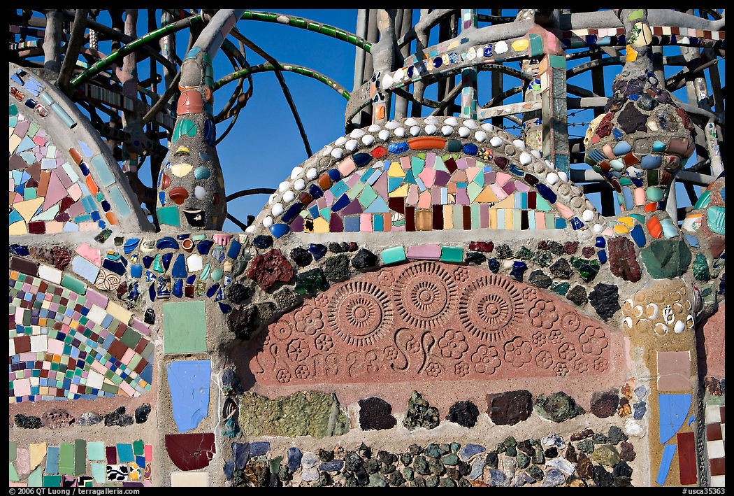 Detail of Watts Towers, built over the course of 33 years by Simon Rodia. Watts, Los Angeles, California, USA