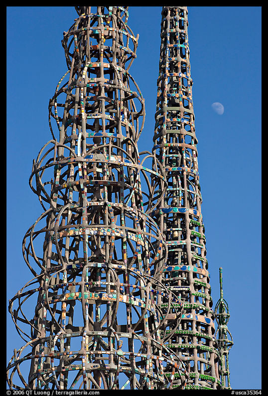 Watts towers and moon. Watts, Los Angeles, California, USA
