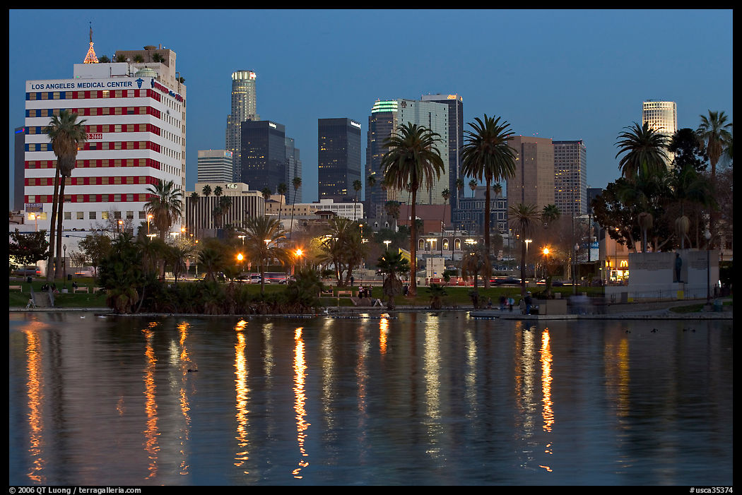Mc Arthur Park and skyline, dusk. Los Angeles, California, USA
