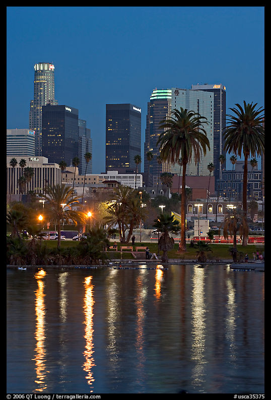 Skyline reflected in a lake in Mc Arthur Park. Los Angeles, California, USA