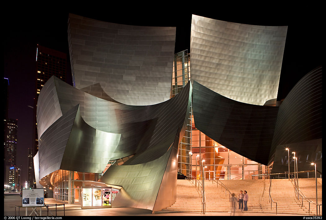 Entrance of the Walt Disney Concert Hall at night. Los Angeles, California, USA
