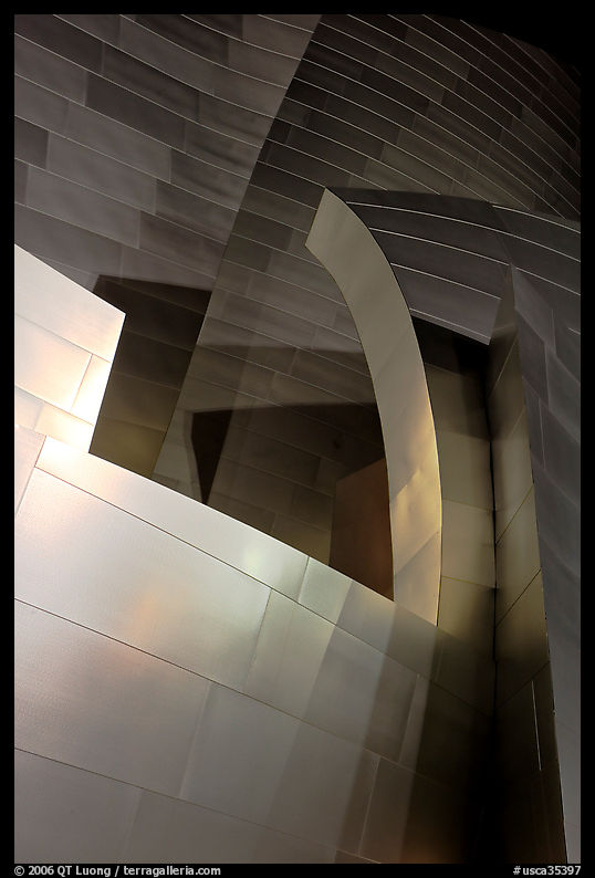 Steel curves of the Walt Disney Concert Hall at night. Los Angeles, California, USA