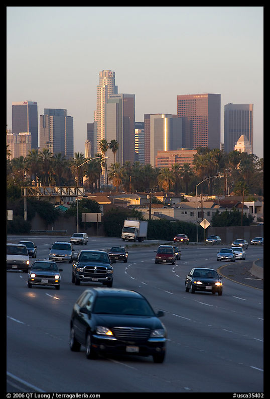 Freeway and skyline, early morning. Los Angeles, California, USA