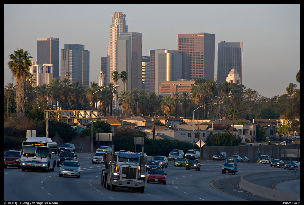 Traffic on freeway and skyline, early morning. Los Angeles, California, USA