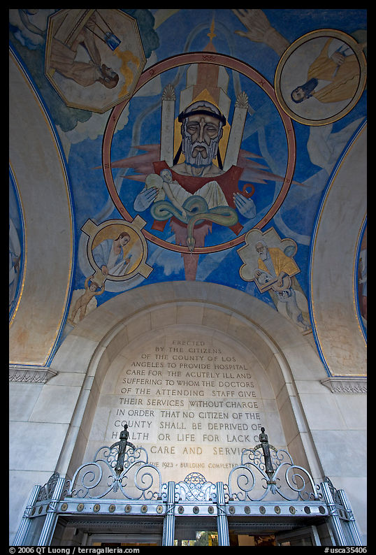 Fresco and dedication in the lobby of the Los Angeles County Hospital. Los Angeles, California, USA