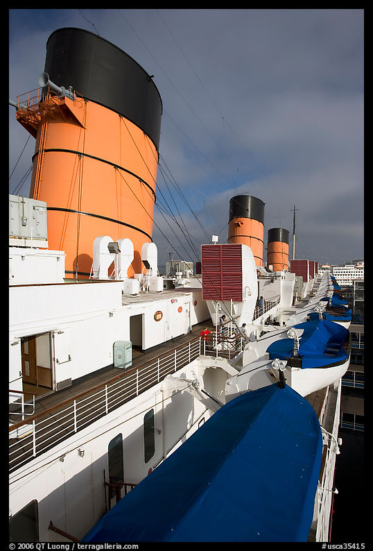 Smokestacks and liferafts, Queen Mary. Long Beach, Los Angeles, California, USA