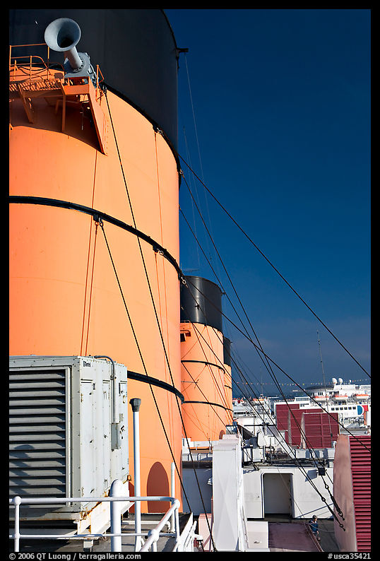 Smokestacks and air vents, Queen Mary. Long Beach, Los Angeles, California, USA